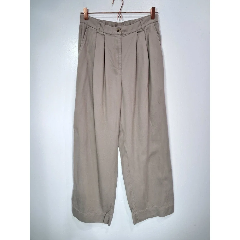 The Drop Womens Khaki Tan Tencel Lyocell Pleated Wide Leg Pants M Elastic Back